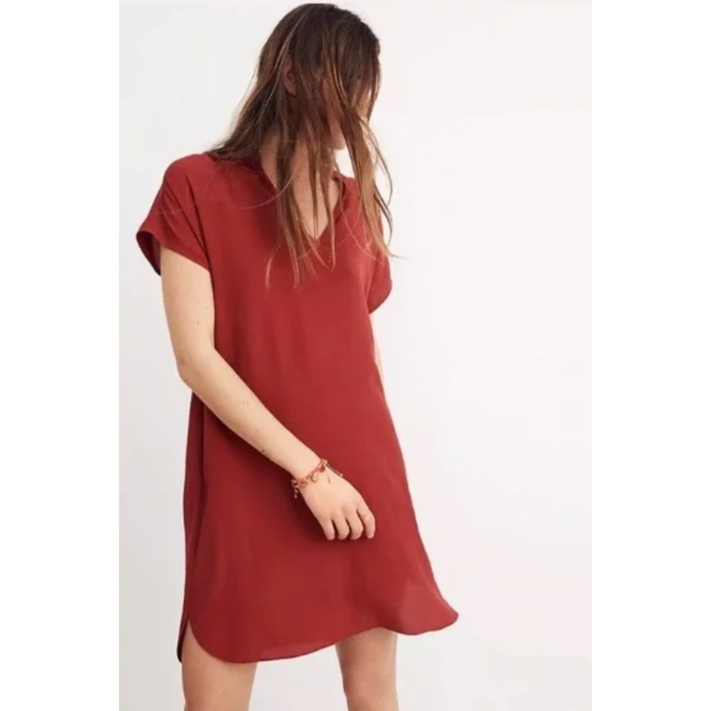 Madewell Bicoastal Shift Dress Tunic Women XS Rust Short Sleeve V-Neck Pockets